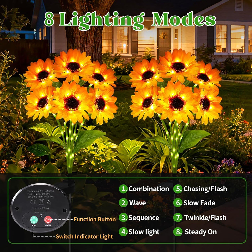 Solar Sunflower Garden Lights with Swaying Firefly Lights (2 Pack)