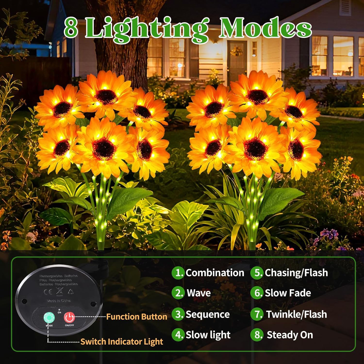 Solar Sunflower Garden Lights with Swaying Firefly Lights (2 Pack)