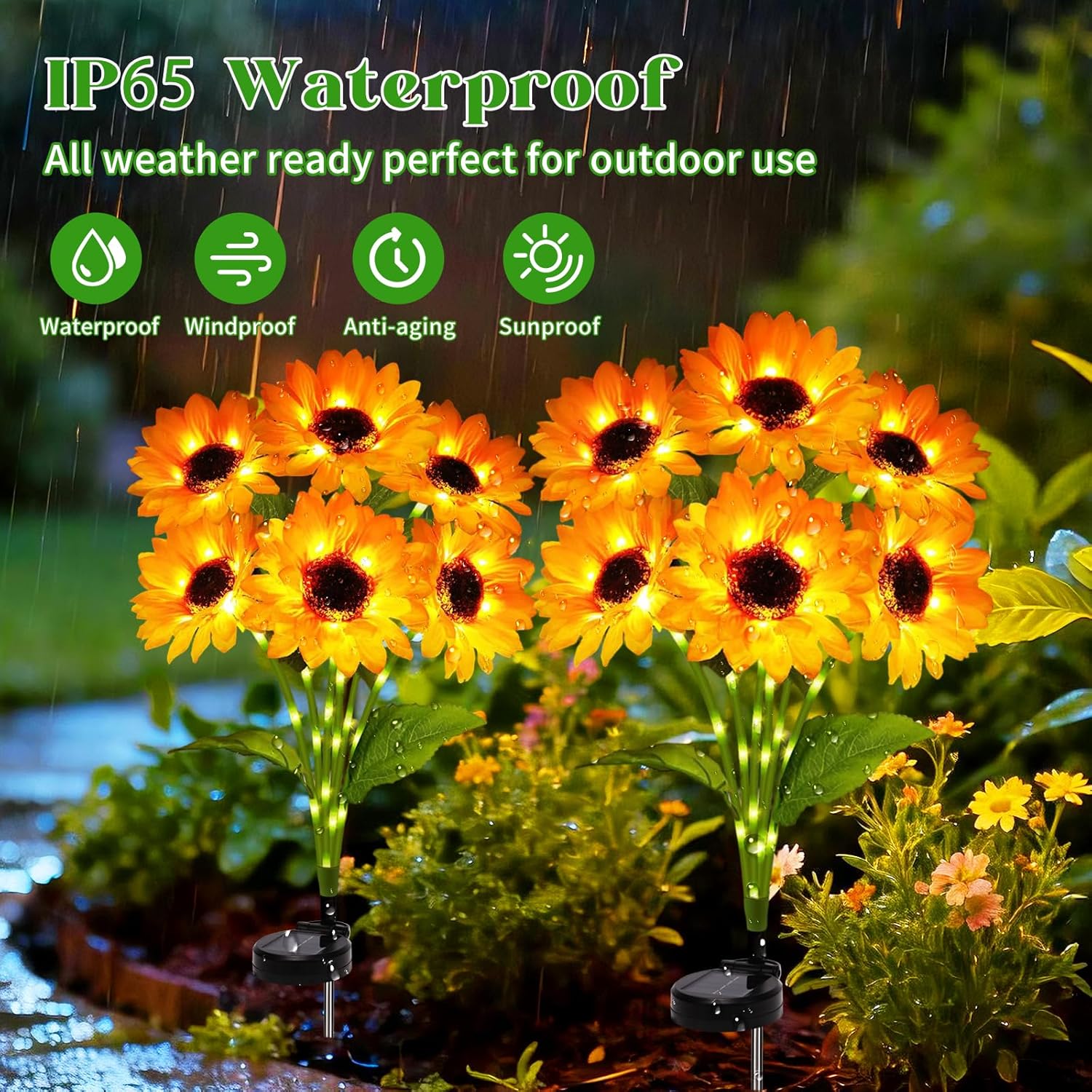 Solar Sunflower Garden Lights with Swaying Firefly Lights (2 Pack)