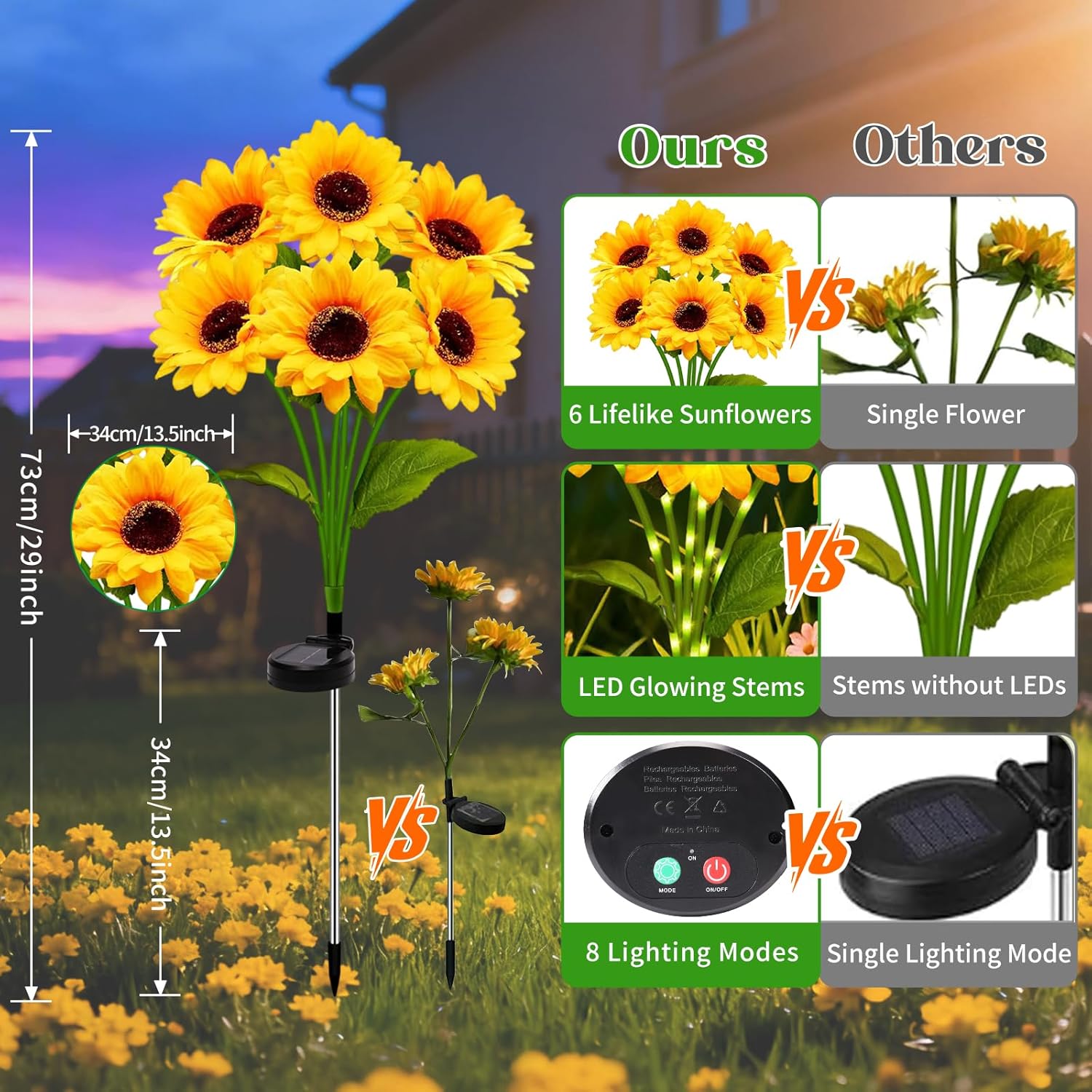 Solar Sunflower Garden Lights with Swaying Firefly Lights (2 Pack)